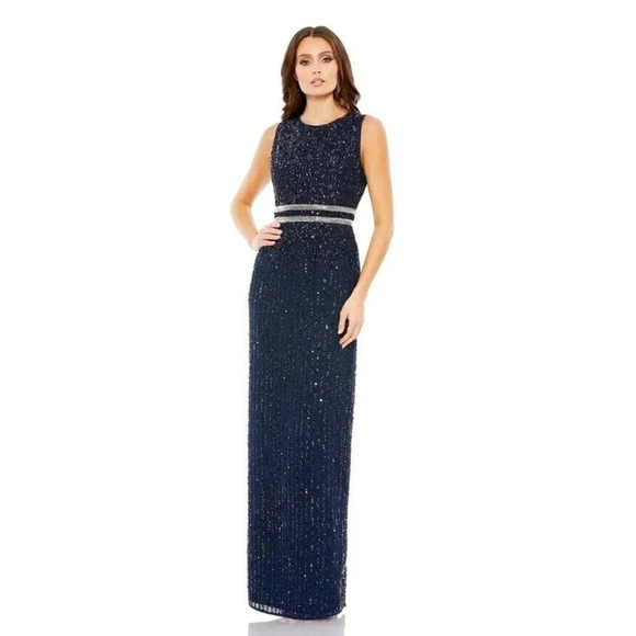 MAC DUGGAL Navy SEQUIN Beaded Gown Sz 2 93603 SLEEVELESS Prom Gala Pageant Dress - Picture 1 of 12